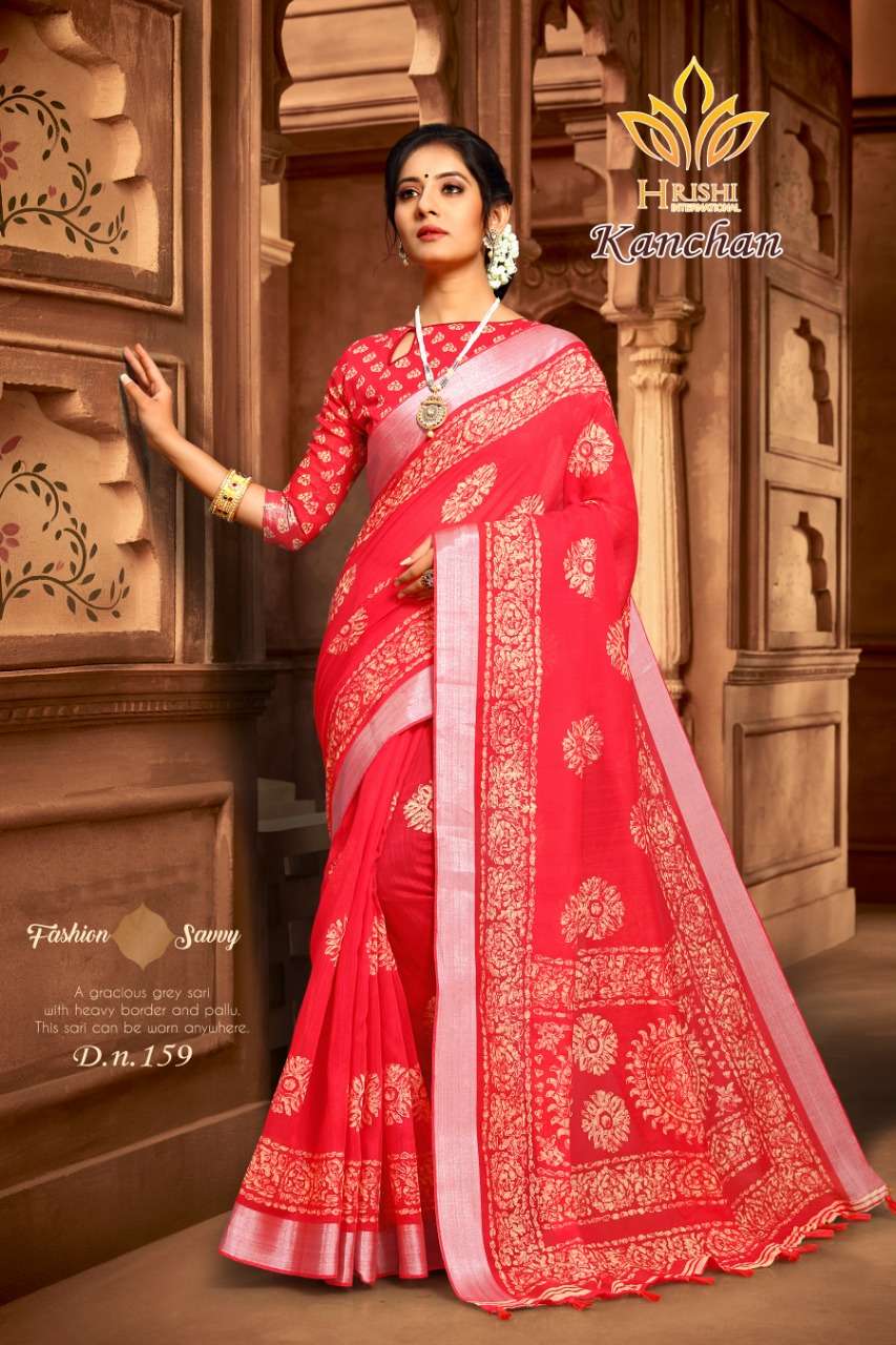 KANCHAN BY HRISHI INTERNATIONAL 156 TO 167 SERIES INDIAN TRADITIONAL WEAR COLLECTION BEAUTIFUL STYLISH FANCY COLORFUL PARTY WEAR & OCCASIONAL WEAR COTTON ZARI PATTA PRINTED SAREES AT WHOLESALE PRICE