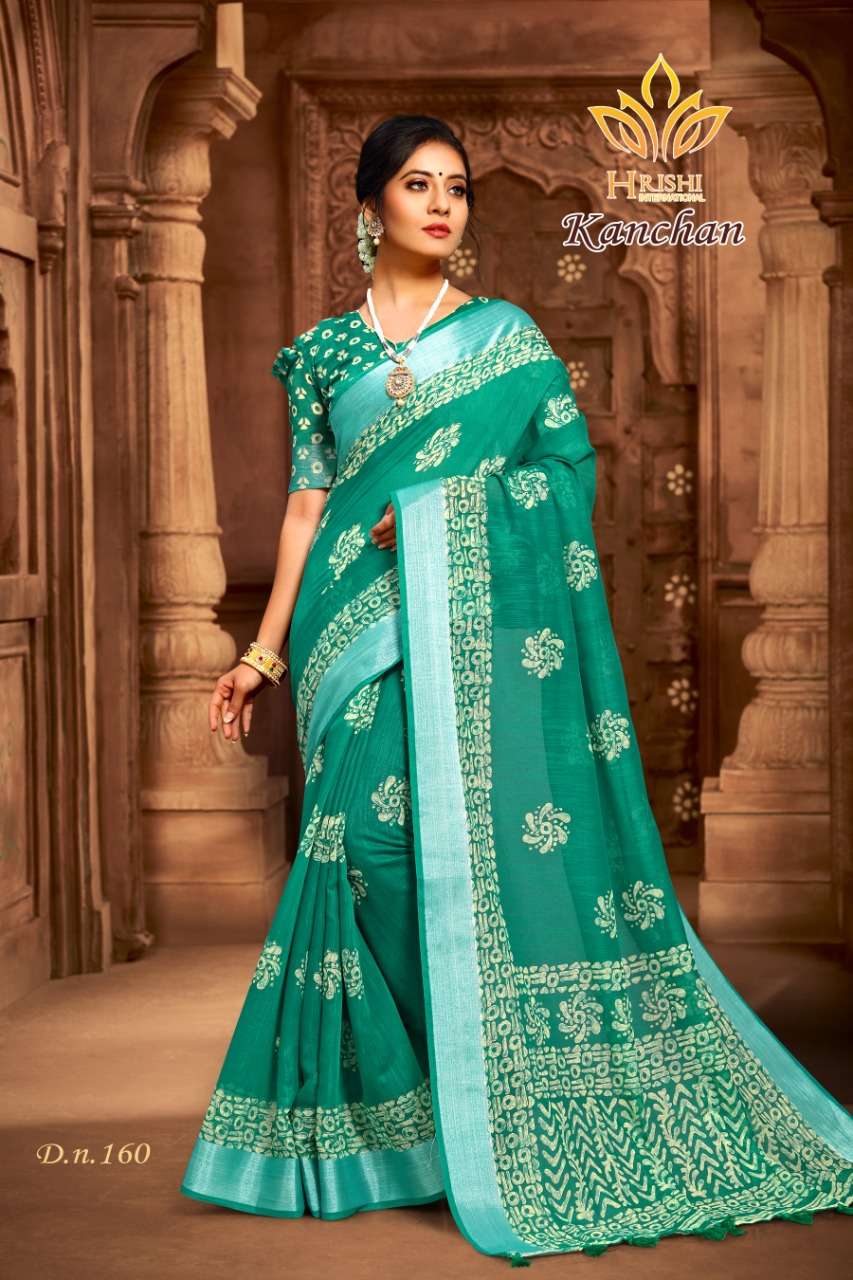 KANCHAN BY HRISHI INTERNATIONAL 156 TO 167 SERIES INDIAN TRADITIONAL WEAR COLLECTION BEAUTIFUL STYLISH FANCY COLORFUL PARTY WEAR & OCCASIONAL WEAR COTTON ZARI PATTA PRINTED SAREES AT WHOLESALE PRICE