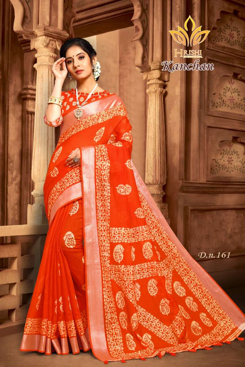 KANCHAN BY HRISHI INTERNATIONAL 156 TO 167 SERIES INDIAN TRADITIONAL WEAR COLLECTION BEAUTIFUL STYLISH FANCY COLORFUL PARTY WEAR & OCCASIONAL WEAR COTTON ZARI PATTA PRINTED SAREES AT WHOLESALE PRICE