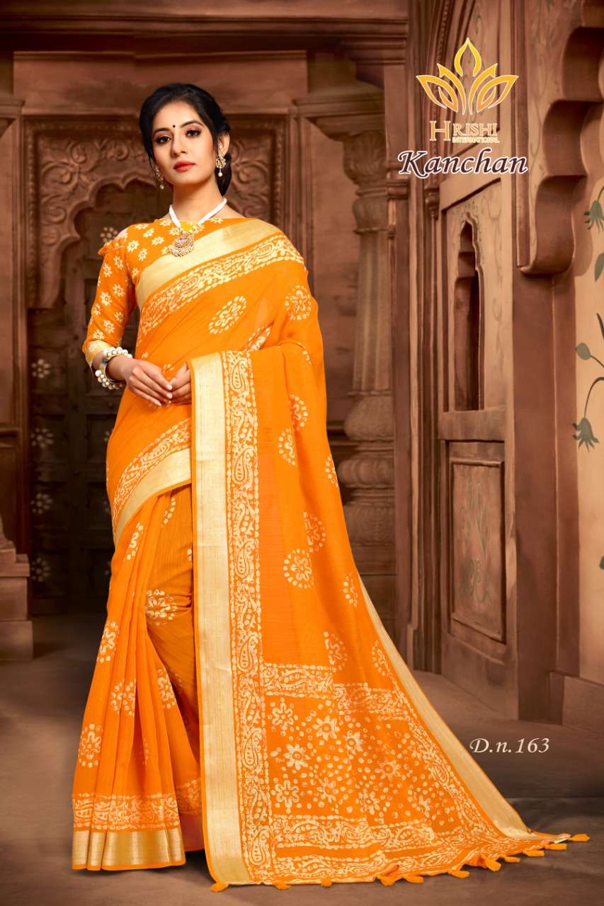 KANCHAN BY HRISHI INTERNATIONAL 156 TO 167 SERIES INDIAN TRADITIONAL WEAR COLLECTION BEAUTIFUL STYLISH FANCY COLORFUL PARTY WEAR & OCCASIONAL WEAR COTTON ZARI PATTA PRINTED SAREES AT WHOLESALE PRICE