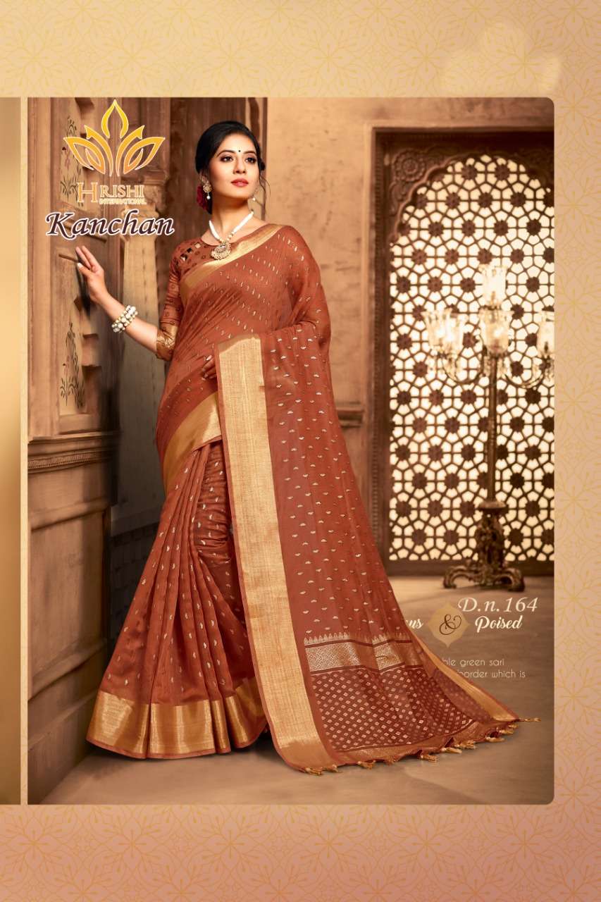 KANCHAN BY HRISHI INTERNATIONAL 156 TO 167 SERIES INDIAN TRADITIONAL WEAR COLLECTION BEAUTIFUL STYLISH FANCY COLORFUL PARTY WEAR & OCCASIONAL WEAR COTTON ZARI PATTA PRINTED SAREES AT WHOLESALE PRICE