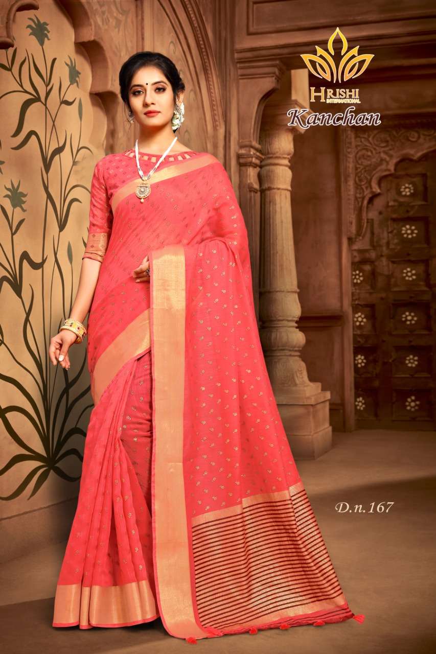 KANCHAN BY HRISHI INTERNATIONAL 156 TO 167 SERIES INDIAN TRADITIONAL WEAR COLLECTION BEAUTIFUL STYLISH FANCY COLORFUL PARTY WEAR & OCCASIONAL WEAR COTTON ZARI PATTA PRINTED SAREES AT WHOLESALE PRICE