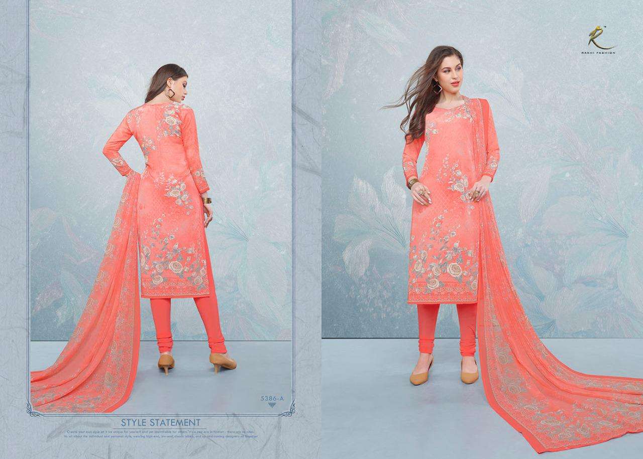 CANDY LONG SUIT 5384 SERIES BY RAKHI FASHION 5384-A TO 5387-B SERIES BEAUTIFUL STYLISH FANCY COLORFUL CASUAL WEAR & ETHNIC WEAR CREPE PRINTED DRESSES AT WHOLESALE PRICE