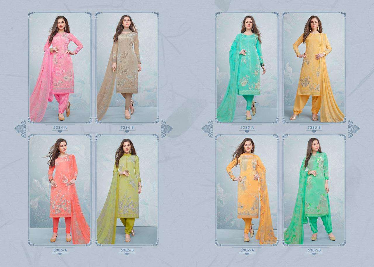 CANDY LONG SUIT 5384 SERIES BY RAKHI FASHION 5384-A TO 5387-B SERIES BEAUTIFUL STYLISH FANCY COLORFUL CASUAL WEAR & ETHNIC WEAR CREPE PRINTED DRESSES AT WHOLESALE PRICE
