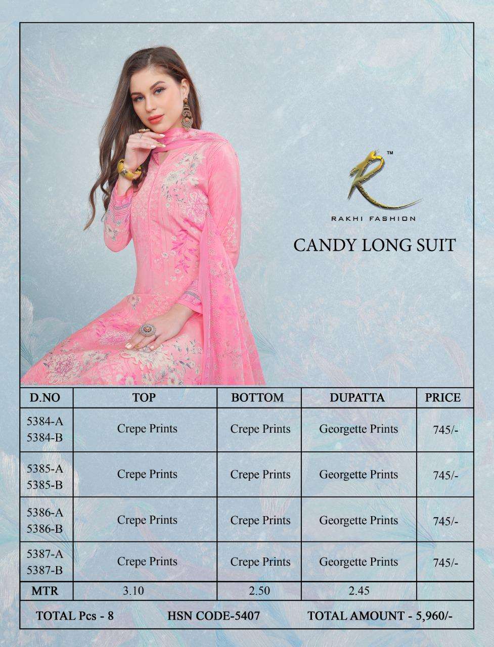 CANDY LONG SUIT 5384 SERIES BY RAKHI FASHION 5384-A TO 5387-B SERIES BEAUTIFUL STYLISH FANCY COLORFUL CASUAL WEAR & ETHNIC WEAR CREPE PRINTED DRESSES AT WHOLESALE PRICE