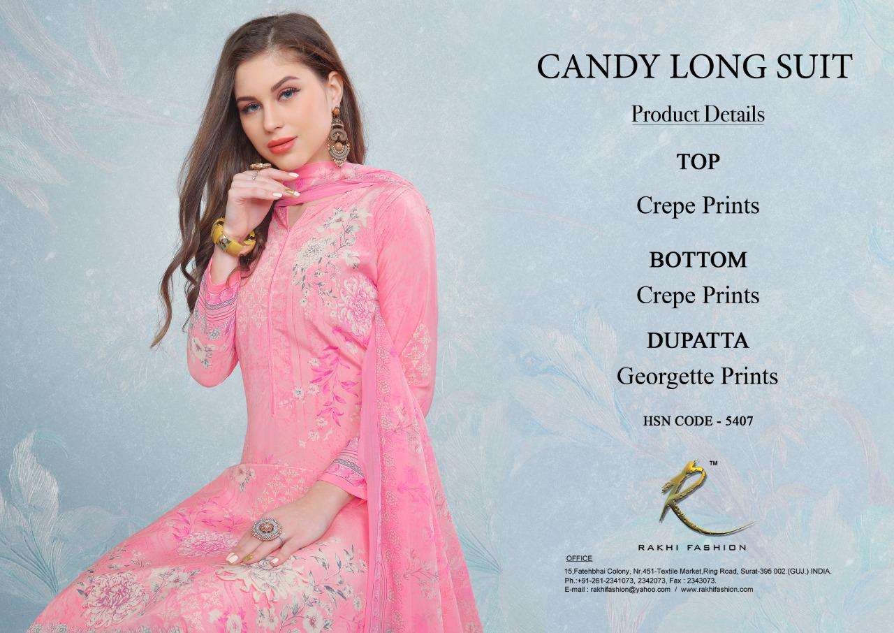 CANDY LONG SUIT 5384 SERIES BY RAKHI FASHION 5384-A TO 5387-B SERIES BEAUTIFUL STYLISH FANCY COLORFUL CASUAL WEAR & ETHNIC WEAR CREPE PRINTED DRESSES AT WHOLESALE PRICE