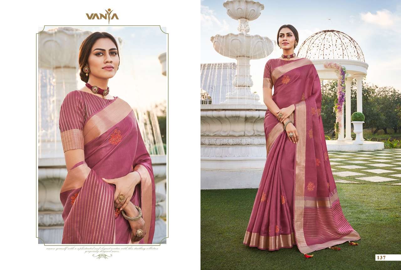 VISTARA VOL-1 BY VANYA 121 TO 139 SERIES INDIAN TRADITIONAL WEAR COLLECTION BEAUTIFUL STYLISH FANCY COLORFUL PARTY WEAR & OCCASIONAL WEAR FANCY SAREES AT WHOLESALE PRICE