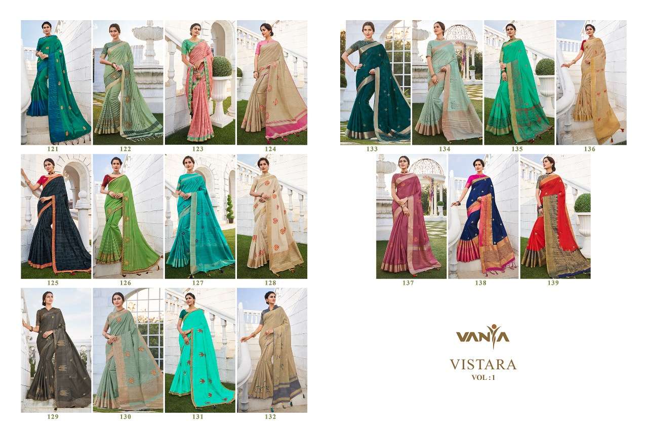 VISTARA VOL-1 BY VANYA 121 TO 139 SERIES INDIAN TRADITIONAL WEAR COLLECTION BEAUTIFUL STYLISH FANCY COLORFUL PARTY WEAR & OCCASIONAL WEAR FANCY SAREES AT WHOLESALE PRICE