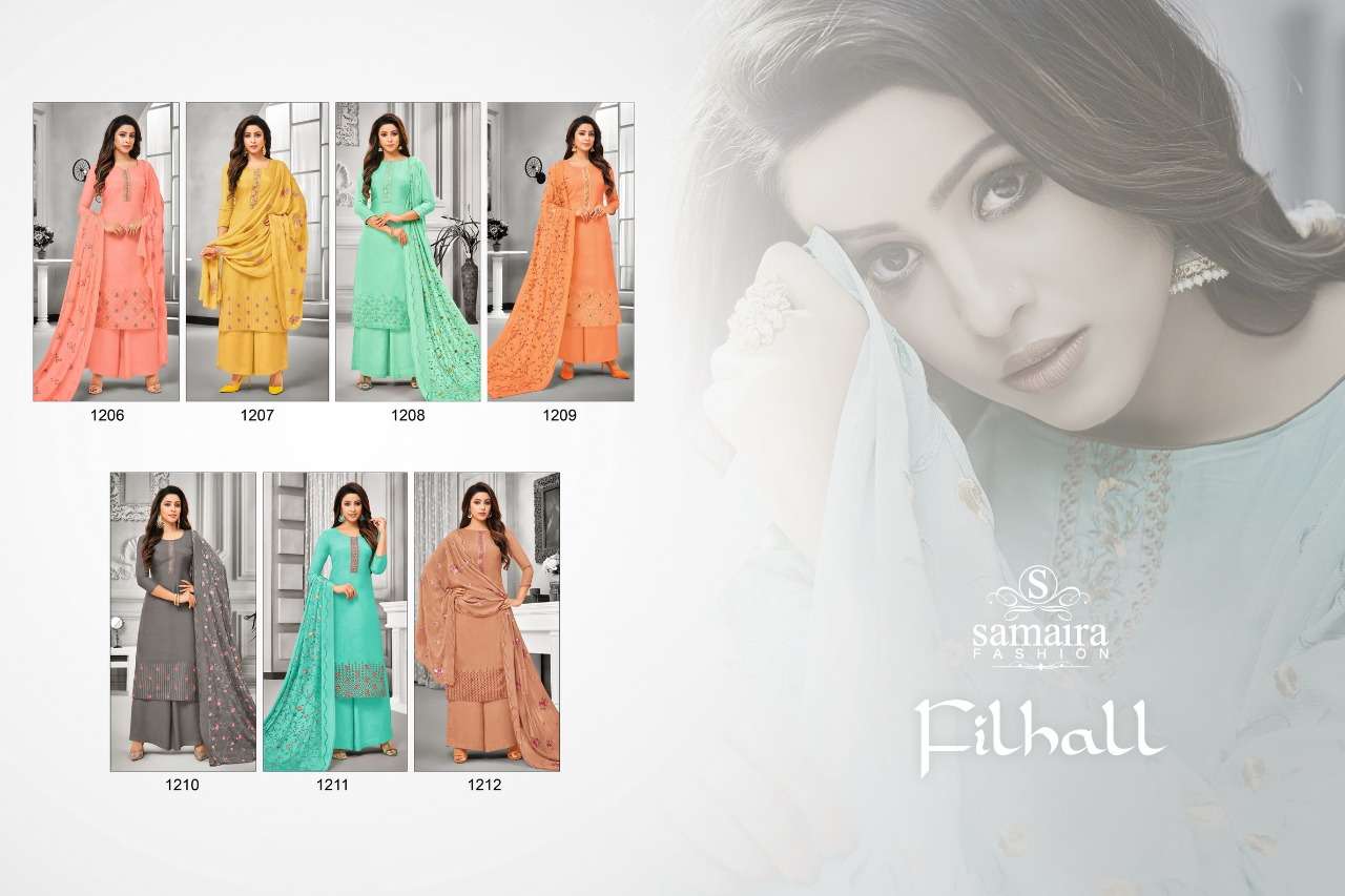 FILHALL BY SAMAIRA FASHION 1206 TO 1212 SERIES DESIGNER SUITS BEAUTIFUL STYLISH FANCY COLORFUL PARTY WEAR & OCCASIONAL WEAR PURE MUSLIN SILK WITH EMBROIDERED DRESSES AT WHOLESALE PRICE
