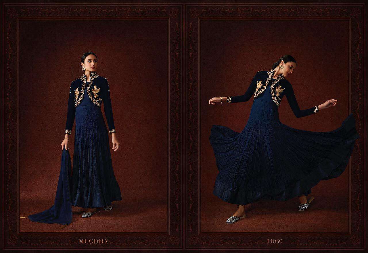 MALAIKA BY MUGDHA 11050 TO 11053 SERIES ANARKALI SUITS COLLECTION BEAUTIFUL STYLISH FANCY COLORFUL PARTY WEAR & OCCASIONAL WEAR SILK / SATIN GEORGETTE/ SILK CREPE DRESSES AT WHOLESALE PRICE