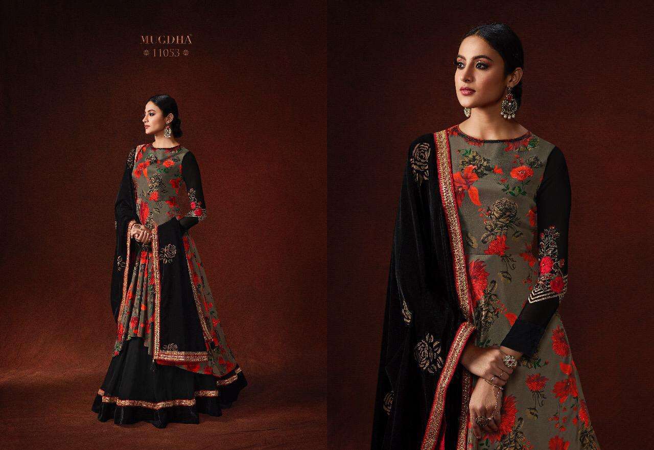 MALAIKA BY MUGDHA 11050 TO 11053 SERIES ANARKALI SUITS COLLECTION BEAUTIFUL STYLISH FANCY COLORFUL PARTY WEAR & OCCASIONAL WEAR SILK / SATIN GEORGETTE/ SILK CREPE DRESSES AT WHOLESALE PRICE