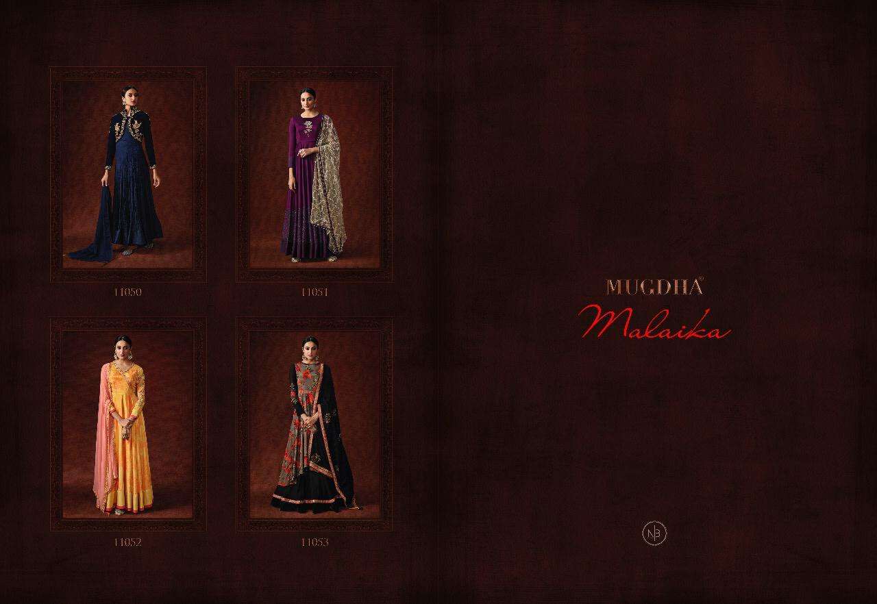 MALAIKA BY MUGDHA 11050 TO 11053 SERIES ANARKALI SUITS COLLECTION BEAUTIFUL STYLISH FANCY COLORFUL PARTY WEAR & OCCASIONAL WEAR SILK / SATIN GEORGETTE/ SILK CREPE DRESSES AT WHOLESALE PRICE