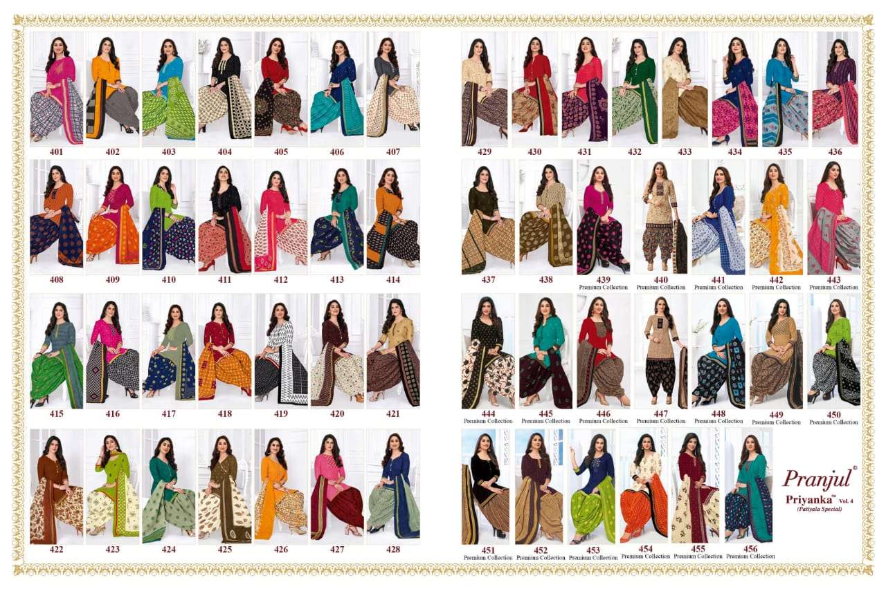 PRIYANKA VOL-4 BY PRANJUL 401 TO 456 SERIES BEAUTIFUL SUITS COLORFUL STYLISH FANCY CASUAL WEAR & ETHNIC WEAR COTTON PRINTED DRESSES AT WHOLESALE PRICE