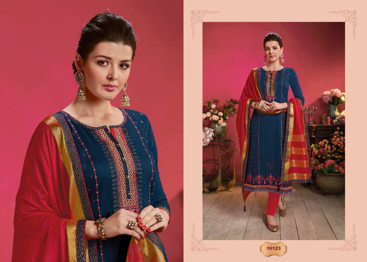 MALHAR BY 7 RAMAIYA 10121 TO 10128 SERIES BEAUTIFUL SUITS COLORFUL STYLISH FANCY CASUAL WEAR & ETHNIC WEAR JAM SILK WITH EMBROIDERY DRESSES AT WHOLESALE PRICE