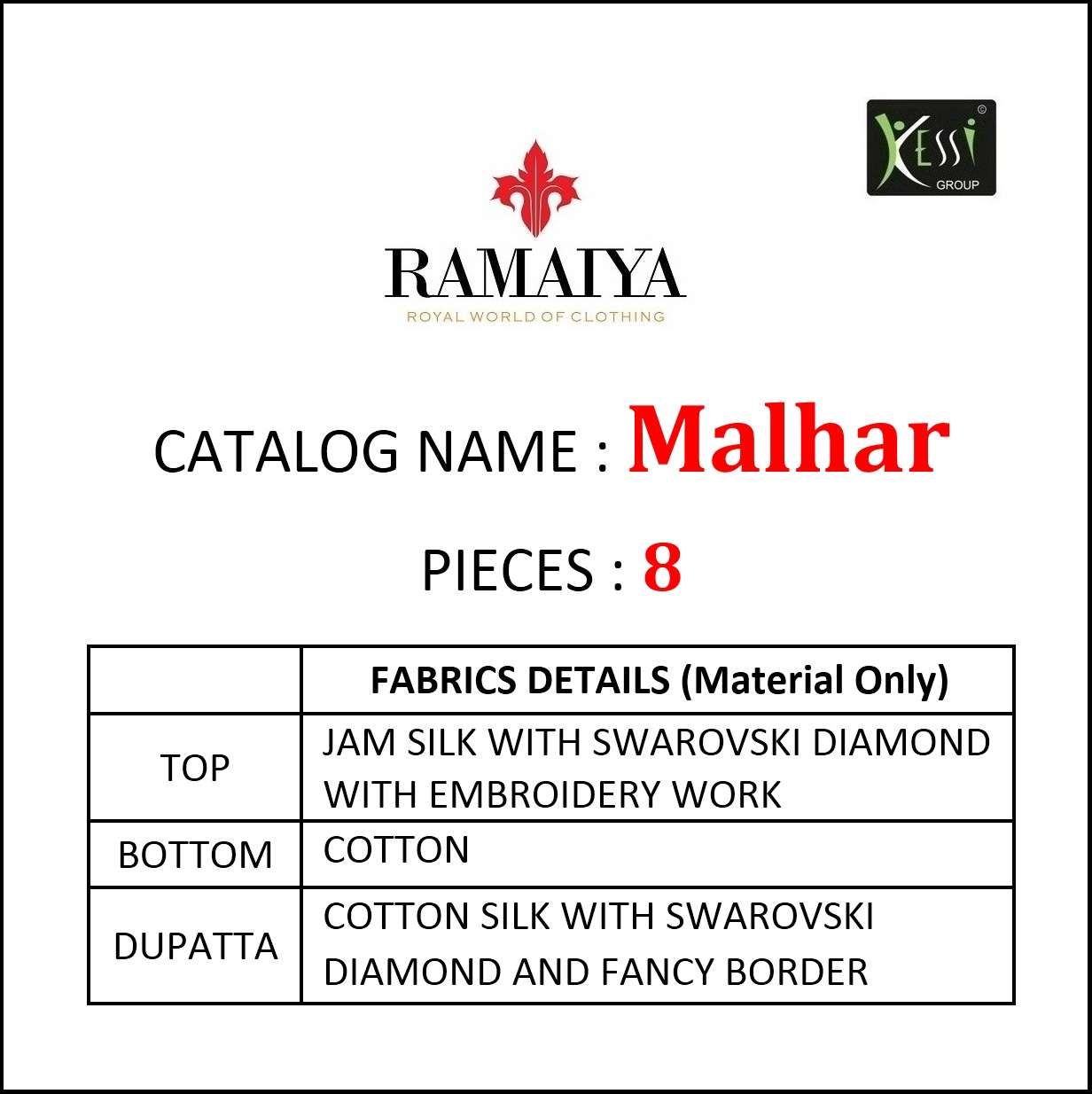 MALHAR BY 7 RAMAIYA 10121 TO 10128 SERIES BEAUTIFUL SUITS COLORFUL STYLISH FANCY CASUAL WEAR & ETHNIC WEAR JAM SILK WITH EMBROIDERY DRESSES AT WHOLESALE PRICE