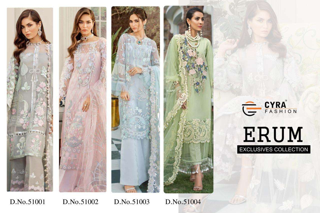 ERUM BY CYRA FASHION 52001 TO 52004 SERIES BEAUTIFUL PAKISTANI SUITS COLORFUL STYLISH FANCY CASUAL WEAR & ETHNIC WEAR NET WITH EMBROIDERY DRESSES AT WHOLESALE PRICE