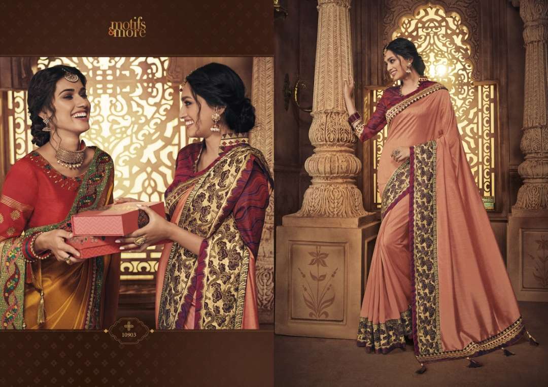 M & M-9 BY MOTIFS AND MORS 10901 TO 10916 SERIES INDIAN TRADITIONAL WEAR COLLECTION BEAUTIFUL STYLISH FANCY COLORFUL PARTY WEAR & OCCASIONAL WEAR FANCY PRINTED SAREES AT WHOLESALE PRICE