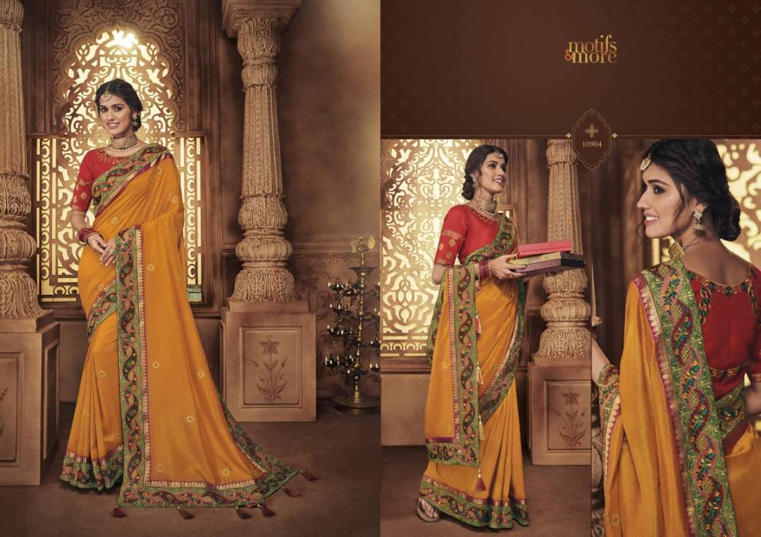 M & M-9 BY MOTIFS AND MORS 10901 TO 10916 SERIES INDIAN TRADITIONAL WEAR COLLECTION BEAUTIFUL STYLISH FANCY COLORFUL PARTY WEAR & OCCASIONAL WEAR FANCY PRINTED SAREES AT WHOLESALE PRICE