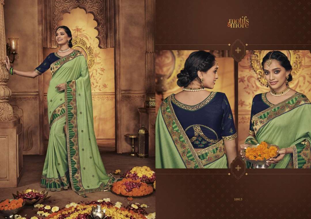 M & M-9 BY MOTIFS AND MORS 10901 TO 10916 SERIES INDIAN TRADITIONAL WEAR COLLECTION BEAUTIFUL STYLISH FANCY COLORFUL PARTY WEAR & OCCASIONAL WEAR FANCY PRINTED SAREES AT WHOLESALE PRICE