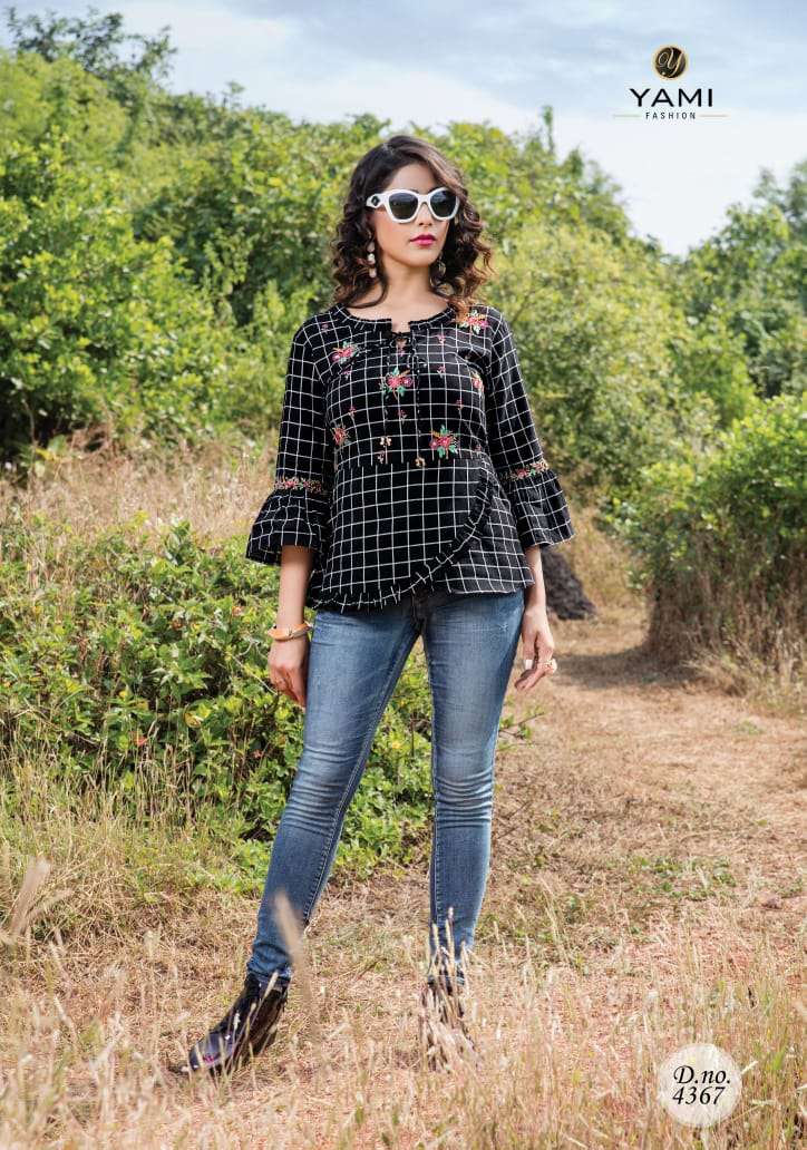 TOPSY VOL-10 BY YAMI FASHION 4361 TO 4369 SERIES BEAUTIFUL STYLISH FANCY COLORFUL CASUAL WEAR & ETHNIC WEAR RAYON EMBROIDERY TOPS AT WHOLESALE PRICE