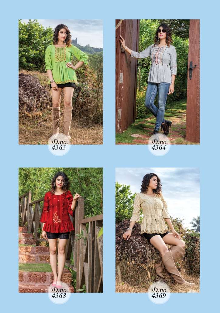 TOPSY VOL-10 BY YAMI FASHION 4361 TO 4369 SERIES BEAUTIFUL STYLISH FANCY COLORFUL CASUAL WEAR & ETHNIC WEAR RAYON EMBROIDERY TOPS AT WHOLESALE PRICE