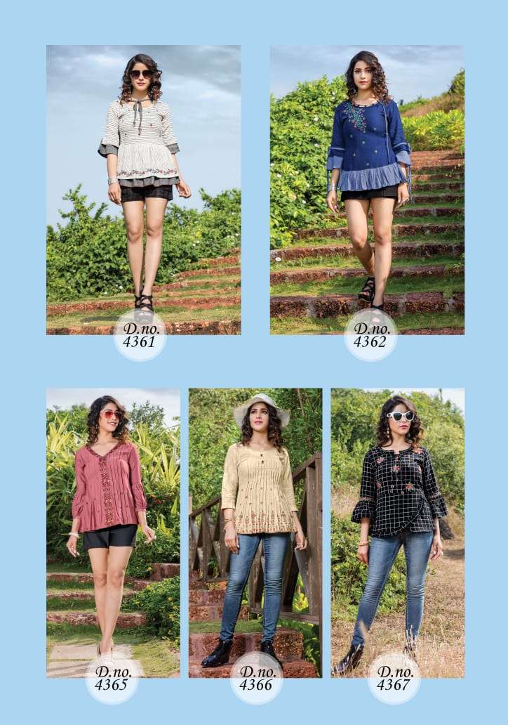 TOPSY VOL-10 BY YAMI FASHION 4361 TO 4369 SERIES BEAUTIFUL STYLISH FANCY COLORFUL CASUAL WEAR & ETHNIC WEAR RAYON EMBROIDERY TOPS AT WHOLESALE PRICE