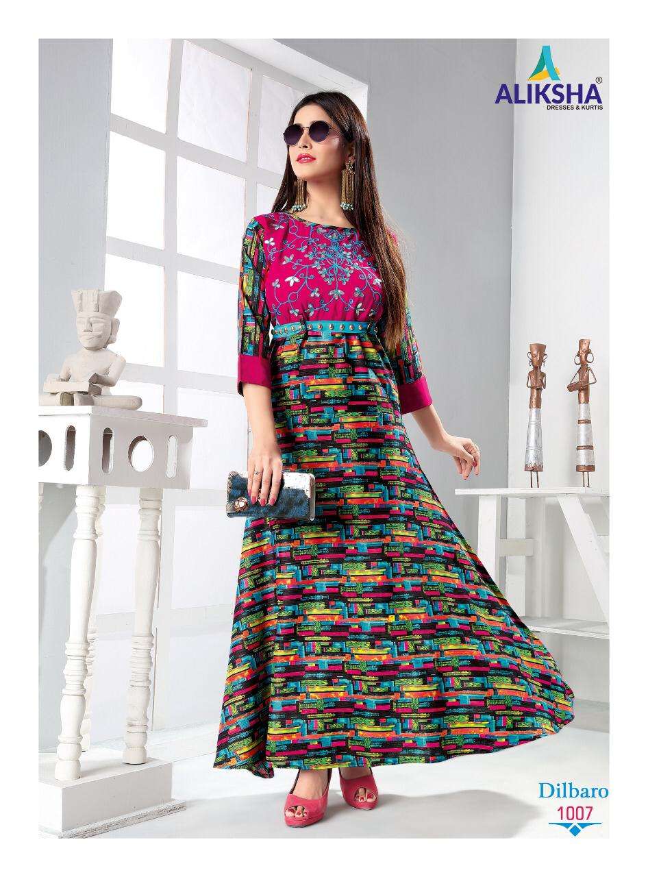 DILBARO VOL-1 BY ALIKSHA 1001 TO 1008 SERIES DESIGNER BEAUTIFUL STYLISH FANCY COLORFUL PARTY WEAR & OCCASIONAL WEAR HEAVY RAYON PEEK EMBROIDERED GOWNS AT WHOLESALE PRICE