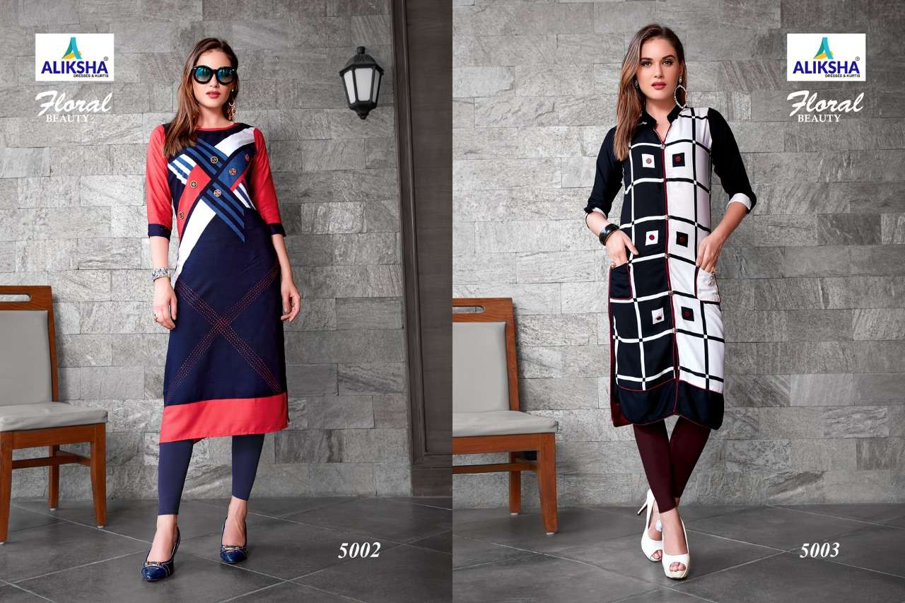 FLORAL BEAUTY VOL-5 BY ALIKSHA 5001 TO 5008 SERIES DESIGNER BEAUTIFUL STYLISH FANCY COLORFUL CASUAL WEAR & ETHNIC WEAR 14 KG RAYON PRINTED KURTIS AT WHOLESALE PRICE
