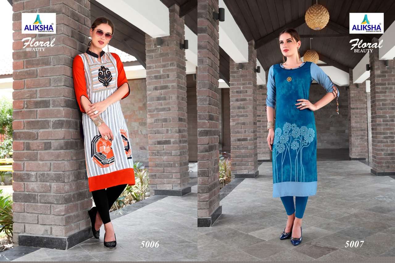 FLORAL BEAUTY VOL-5 BY ALIKSHA 5001 TO 5008 SERIES DESIGNER BEAUTIFUL STYLISH FANCY COLORFUL CASUAL WEAR & ETHNIC WEAR 14 KG RAYON PRINTED KURTIS AT WHOLESALE PRICE