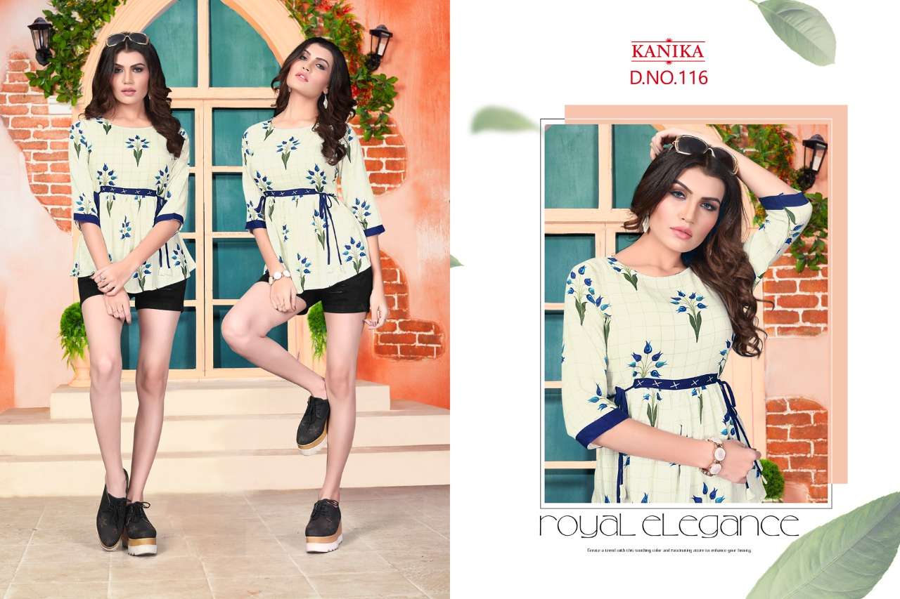 ALEEZA VOL-3 BY KANIKA 115 TO 120 SERIES DESIGNER BEAUTIFUL STYLISH FANCY COLORFUL CASUAL WEAR & ETHNIC WEAR RAYON PRINTED TOPS AT WHOLESALE PRICE