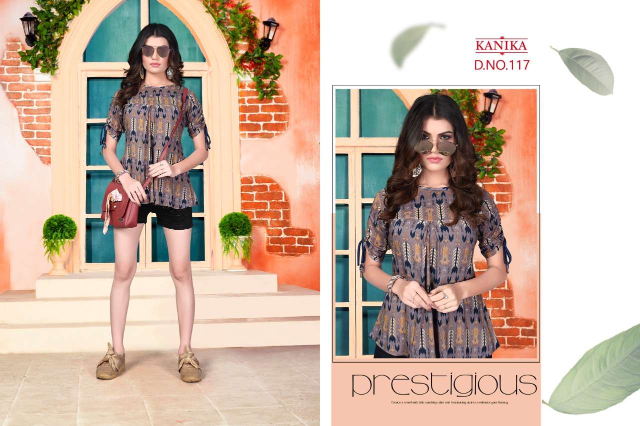 ALEEZA VOL-3 BY KANIKA 115 TO 120 SERIES DESIGNER BEAUTIFUL STYLISH FANCY COLORFUL CASUAL WEAR & ETHNIC WEAR RAYON PRINTED TOPS AT WHOLESALE PRICE