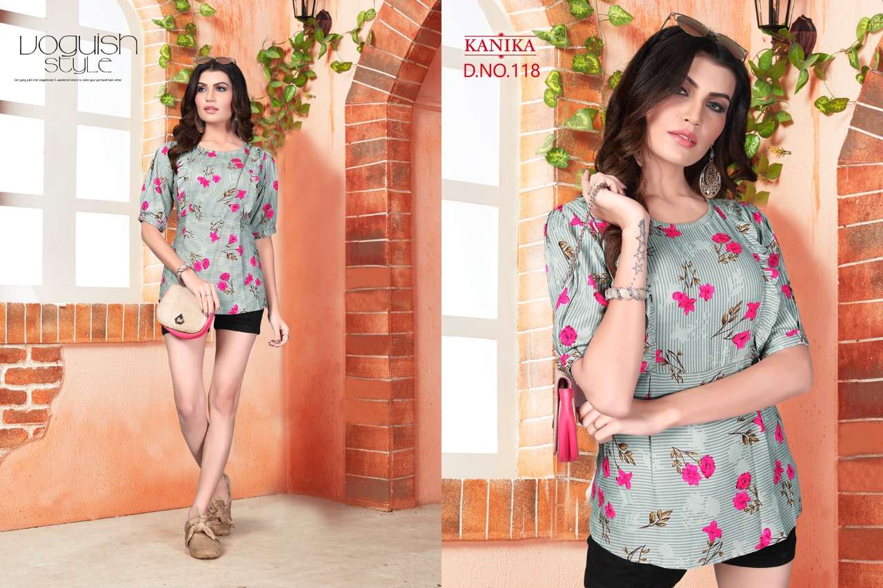 ALEEZA VOL-3 BY KANIKA 115 TO 120 SERIES DESIGNER BEAUTIFUL STYLISH FANCY COLORFUL CASUAL WEAR & ETHNIC WEAR RAYON PRINTED TOPS AT WHOLESALE PRICE