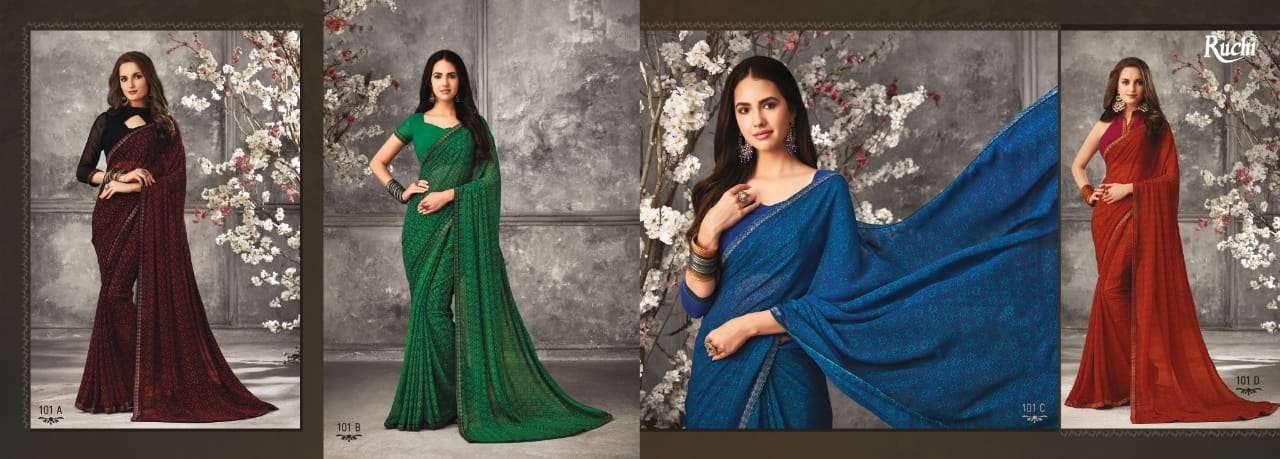 BIRAA BY RUCHI 101-A TO 105-D SERIES INDIAN TRADITIONAL WEAR COLLECTION BEAUTIFUL STYLISH FANCY COLORFUL PARTY WEAR & OCCASIONAL WEAR GEORGETTE SAREES AT WHOLESALE PRICE