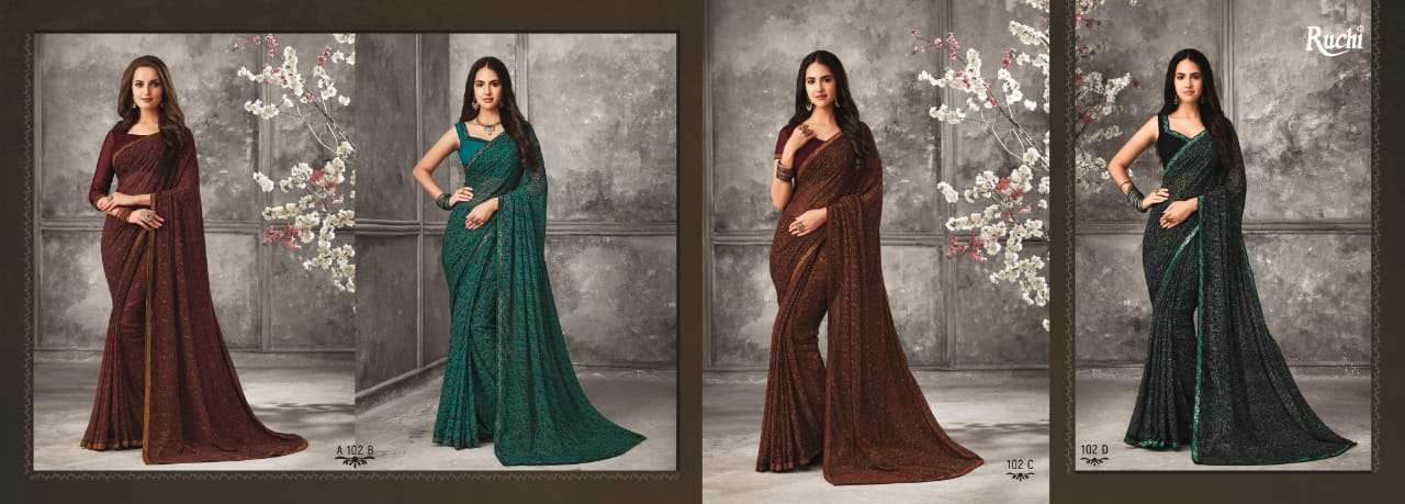BIRAA BY RUCHI 101-A TO 105-D SERIES INDIAN TRADITIONAL WEAR COLLECTION BEAUTIFUL STYLISH FANCY COLORFUL PARTY WEAR & OCCASIONAL WEAR GEORGETTE SAREES AT WHOLESALE PRICE