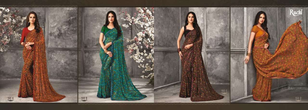 BIRAA BY RUCHI 101-A TO 105-D SERIES INDIAN TRADITIONAL WEAR COLLECTION BEAUTIFUL STYLISH FANCY COLORFUL PARTY WEAR & OCCASIONAL WEAR GEORGETTE SAREES AT WHOLESALE PRICE