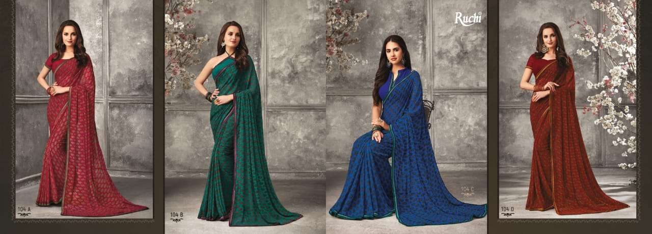 BIRAA BY RUCHI 101-A TO 105-D SERIES INDIAN TRADITIONAL WEAR COLLECTION BEAUTIFUL STYLISH FANCY COLORFUL PARTY WEAR & OCCASIONAL WEAR GEORGETTE SAREES AT WHOLESALE PRICE