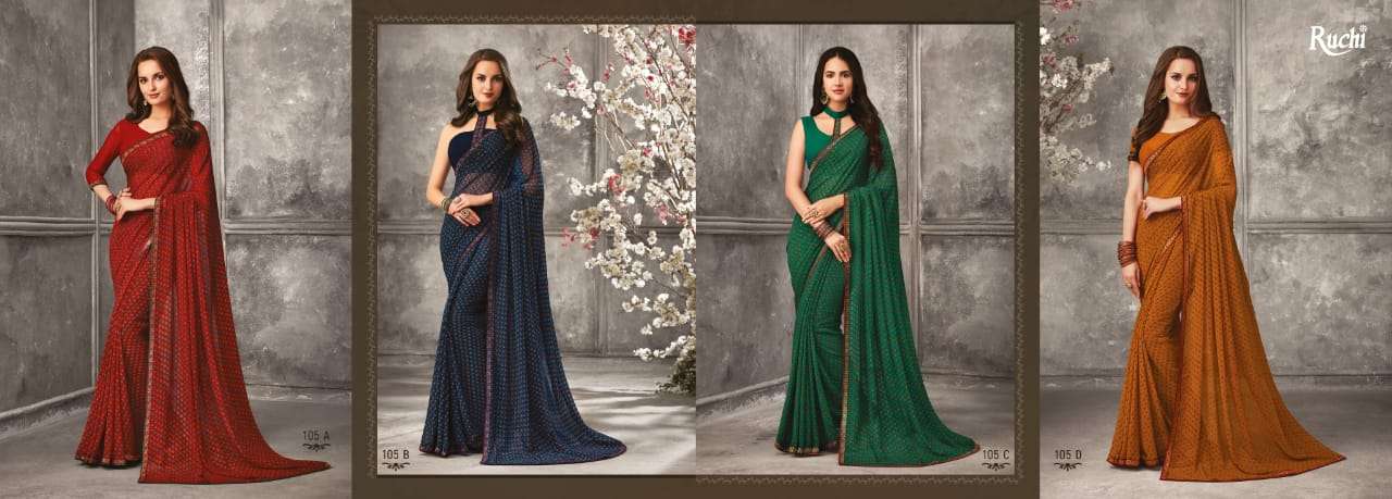 BIRAA BY RUCHI 101-A TO 105-D SERIES INDIAN TRADITIONAL WEAR COLLECTION BEAUTIFUL STYLISH FANCY COLORFUL PARTY WEAR & OCCASIONAL WEAR GEORGETTE SAREES AT WHOLESALE PRICE