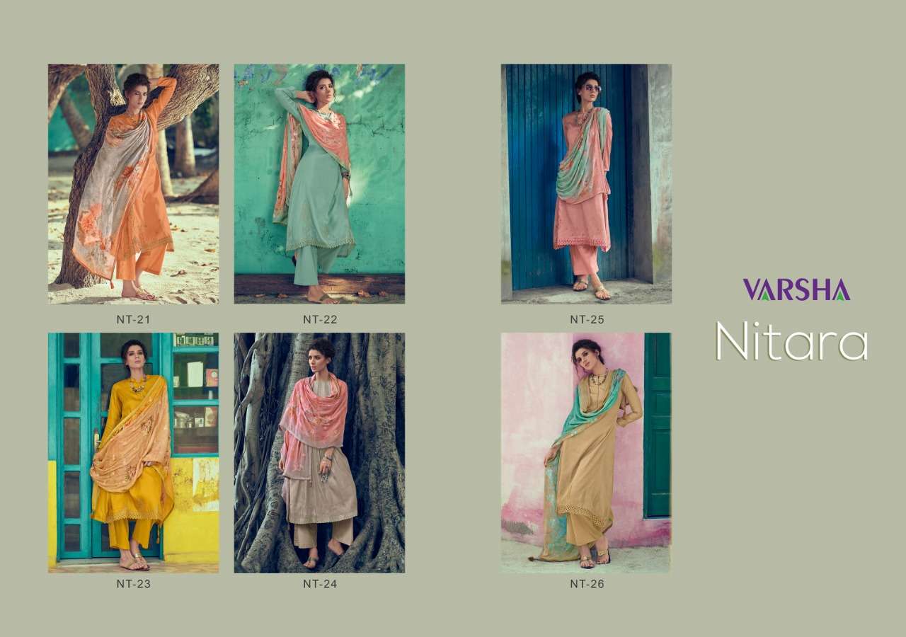 NITARA BY VARSHA FASHION 21 TO 26 SERIES BEAUTIFUL SUITS COLORFUL STYLISH FANCY CASUAL WEAR & ETHNIC WEAR TUSSAR SILK WITH EMBROIDERY DRESSES AT WHOLESALE PRICE
