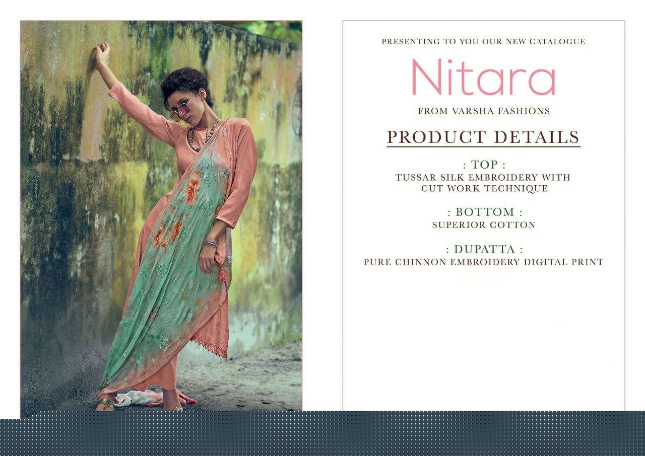 NITARA BY VARSHA FASHION 21 TO 26 SERIES BEAUTIFUL SUITS COLORFUL STYLISH FANCY CASUAL WEAR & ETHNIC WEAR TUSSAR SILK WITH EMBROIDERY DRESSES AT WHOLESALE PRICE