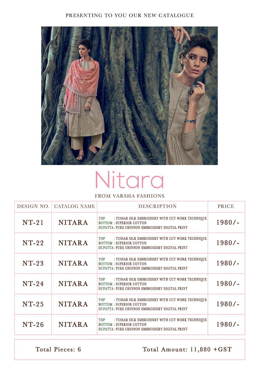 NITARA BY VARSHA FASHION 21 TO 26 SERIES BEAUTIFUL SUITS COLORFUL STYLISH FANCY CASUAL WEAR & ETHNIC WEAR TUSSAR SILK WITH EMBROIDERY DRESSES AT WHOLESALE PRICE