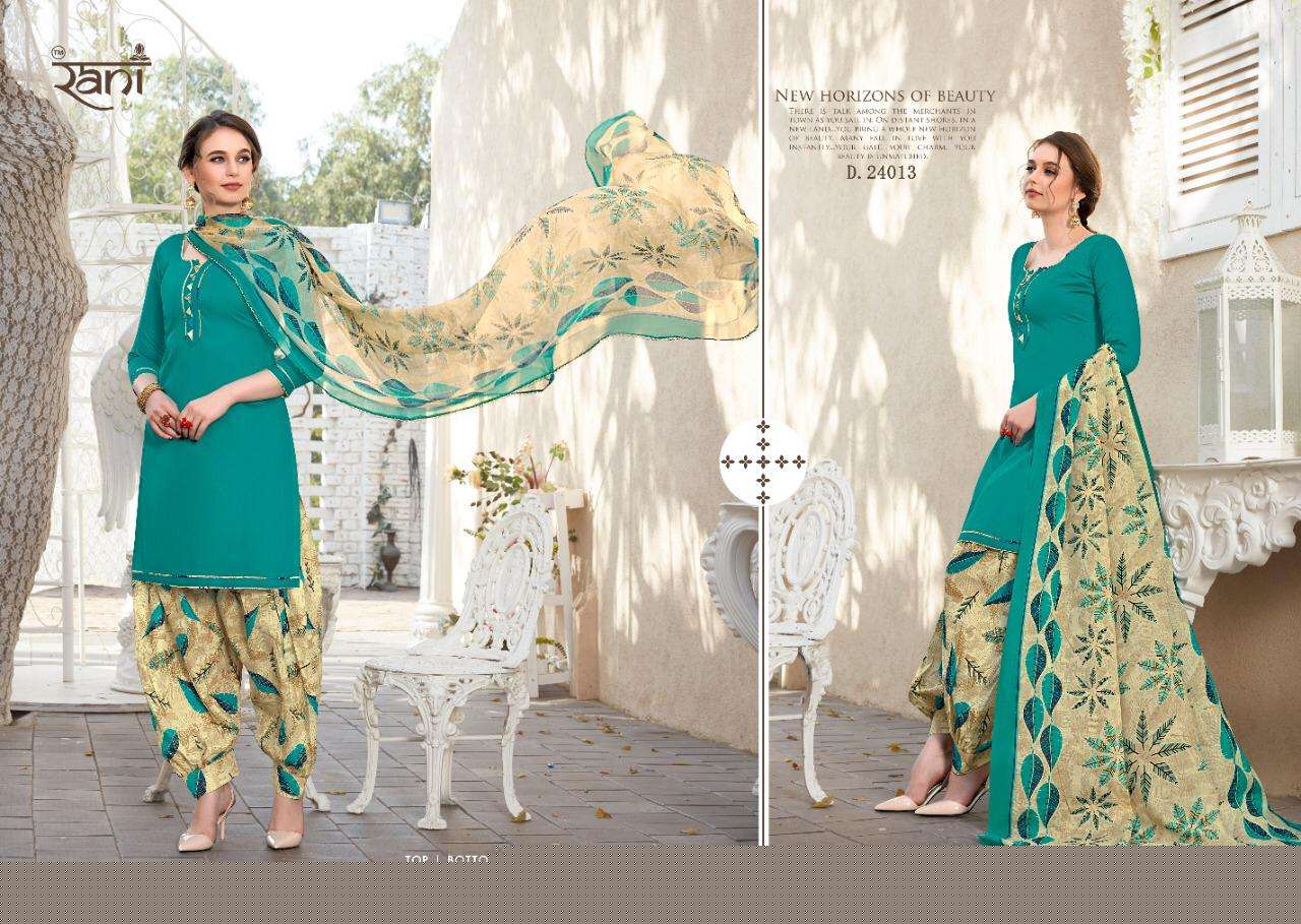 SILK PATIYALA VOL-24 BY RANI FASHION 24001 TO 24013 SERIES DESIGNER PATIYALA SUITS COLLECTION BEAUTIFUL STYLISH FANCY COLORFUL PARTY WEAR & ETHNIC WEAR HEAVY GLACE COTTON DRESSES AT WHOLESALE PRICE