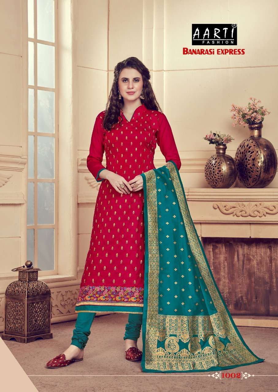 BANARASI EXPRESS BY AARTI FASHION 1001 TO 1006 SERIES BEAUTIFUL SUITS STYLISH FANCY COLORFUL PARTY WEAR & OCCASIONAL WEAR GLACE COTTON DRESSES AT WHOLESALE PRICE