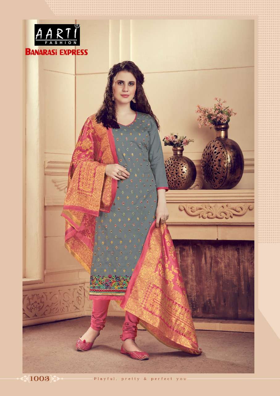 BANARASI EXPRESS BY AARTI FASHION 1001 TO 1006 SERIES BEAUTIFUL SUITS STYLISH FANCY COLORFUL PARTY WEAR & OCCASIONAL WEAR GLACE COTTON DRESSES AT WHOLESALE PRICE