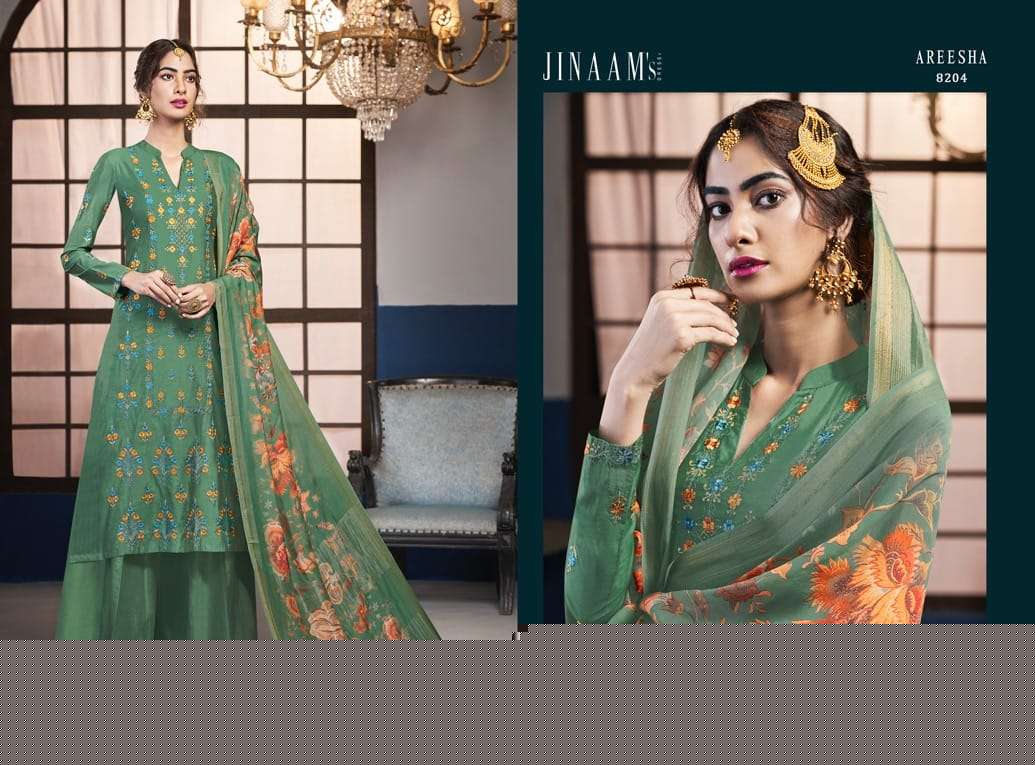 JINAAM AREESH BY JINAAM DRESSES 8203 TO 8208 SERIES BEAUTIFUL STYLISH SHARARA SUITS FANCY COLORFUL CASUAL WEAR & ETHNIC WEAR & READY TO WEAR DOLA SILK EMBROIDERY DRESSES AT WHOLESALE PRICE