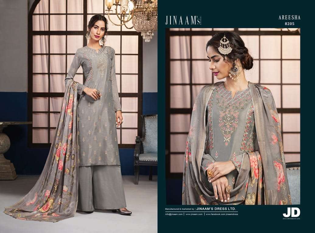 JINAAM AREESH BY JINAAM DRESSES 8203 TO 8208 SERIES BEAUTIFUL STYLISH SHARARA SUITS FANCY COLORFUL CASUAL WEAR & ETHNIC WEAR & READY TO WEAR DOLA SILK EMBROIDERY DRESSES AT WHOLESALE PRICE