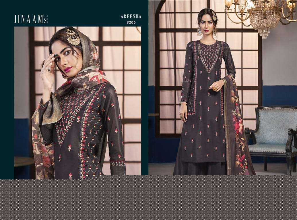 JINAAM AREESH BY JINAAM DRESSES 8203 TO 8208 SERIES BEAUTIFUL STYLISH SHARARA SUITS FANCY COLORFUL CASUAL WEAR & ETHNIC WEAR & READY TO WEAR DOLA SILK EMBROIDERY DRESSES AT WHOLESALE PRICE
