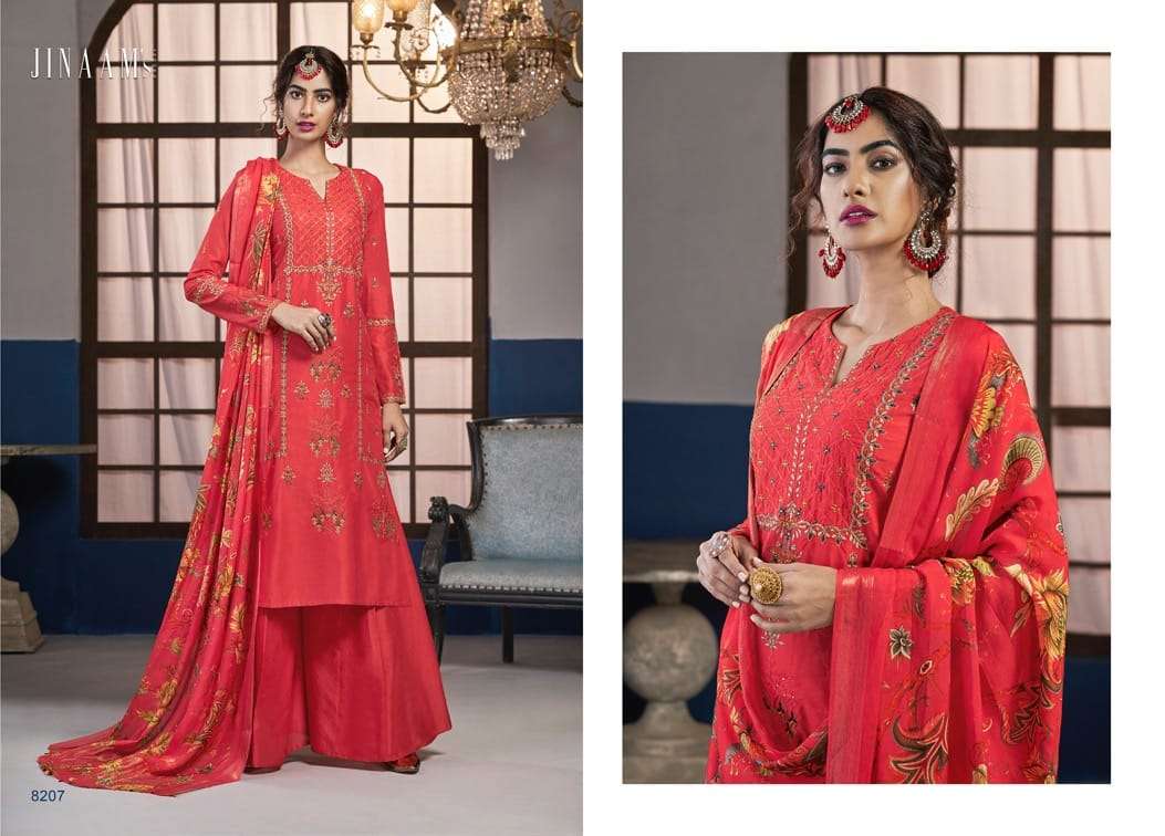 JINAAM AREESH BY JINAAM DRESSES 8203 TO 8208 SERIES BEAUTIFUL STYLISH SHARARA SUITS FANCY COLORFUL CASUAL WEAR & ETHNIC WEAR & READY TO WEAR DOLA SILK EMBROIDERY DRESSES AT WHOLESALE PRICE