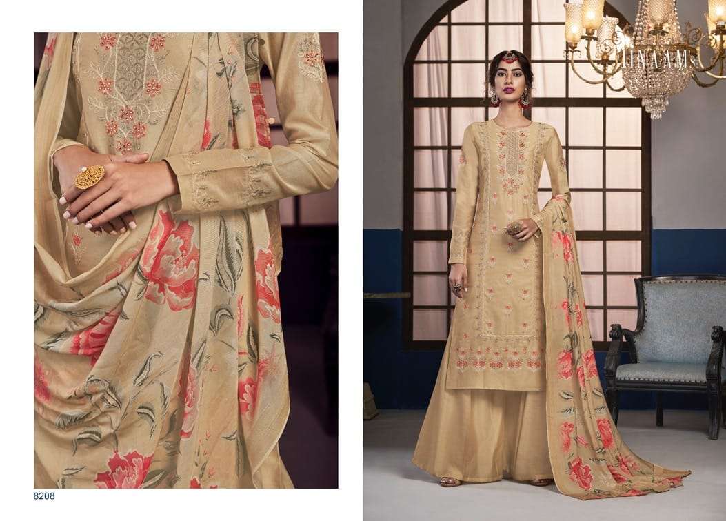 JINAAM AREESH BY JINAAM DRESSES 8203 TO 8208 SERIES BEAUTIFUL STYLISH SHARARA SUITS FANCY COLORFUL CASUAL WEAR & ETHNIC WEAR & READY TO WEAR DOLA SILK EMBROIDERY DRESSES AT WHOLESALE PRICE