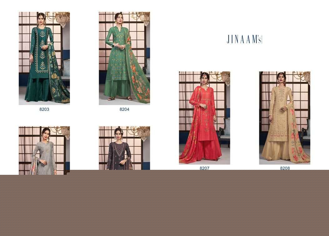 JINAAM AREESH BY JINAAM DRESSES 8203 TO 8208 SERIES BEAUTIFUL STYLISH SHARARA SUITS FANCY COLORFUL CASUAL WEAR & ETHNIC WEAR & READY TO WEAR DOLA SILK EMBROIDERY DRESSES AT WHOLESALE PRICE