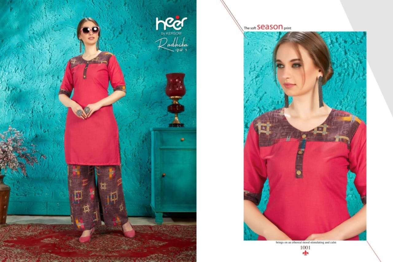 RADHIKA VOL-5 BY HEER 1001 TO 1008 SERIES STYLISH FANCY BEAUTIFUL COLORFUL CASUAL WEAR & ETHNIC WEAR COTTON KURTIS WITH BOTTOM AT WHOLESALE PRICE